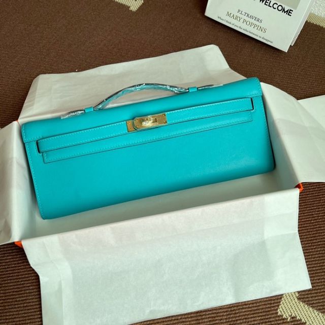 hermes original swfit leather kelly cut 31 clutch H032 lake blue