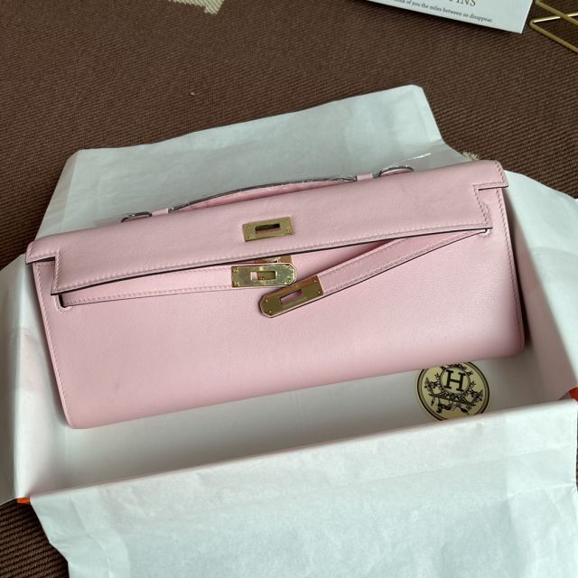 hermes original swfit leather kelly cut 31 clutch H032 light pink