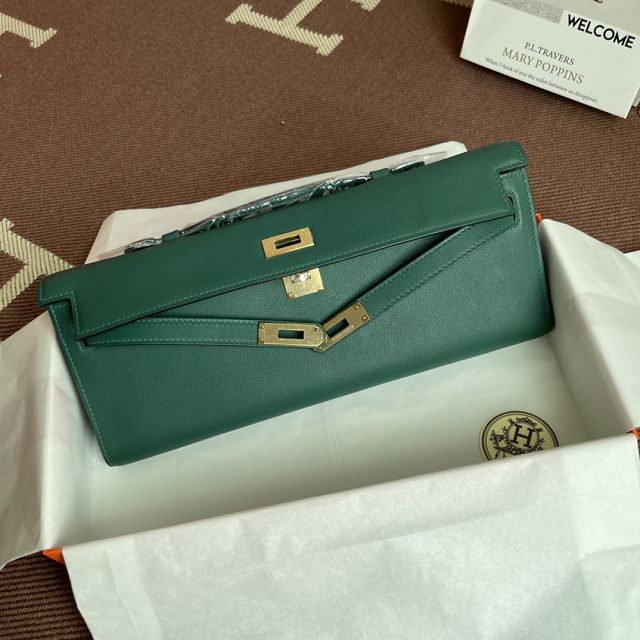 hermes original swfit leather kelly cut 31 clutch H032 peacock green
