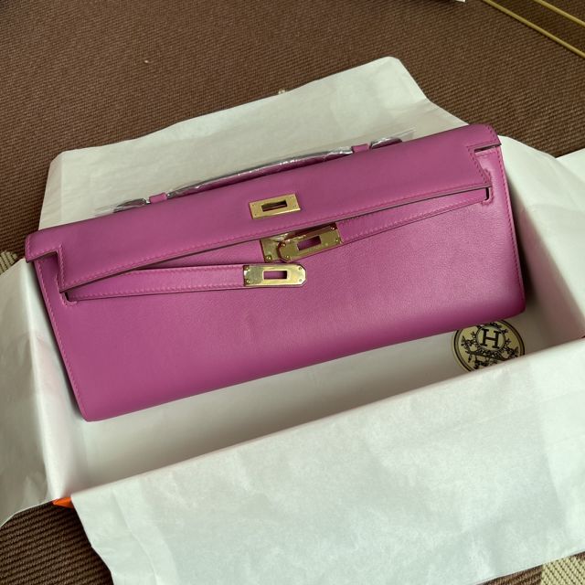 hermes original swfit leather kelly cut 31 clutch H032 rose purple