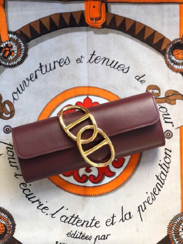 Hermes original swfit leather egee clutch E001 bordeaux