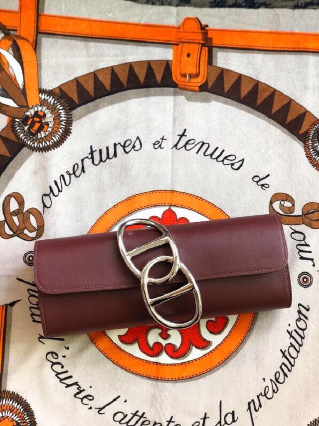 Hermes original swfit leather egee clutch E001 bordeaux