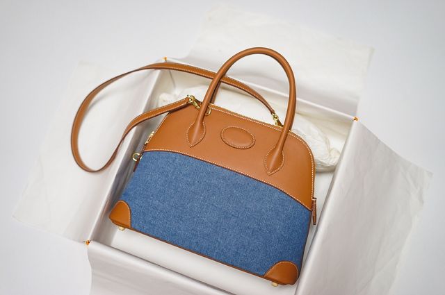 Hermes handmade original canvas small bolide 27 bag B027 blue&brown