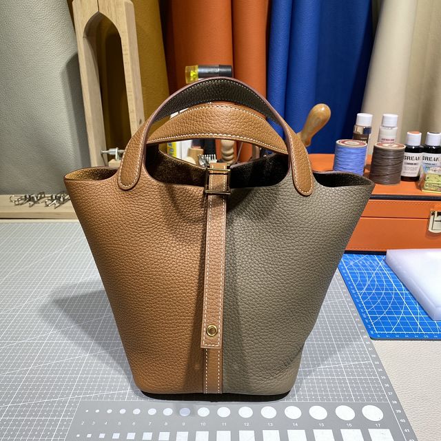 Hermes original togo leather picotin lock bag HP0022 brown&grey