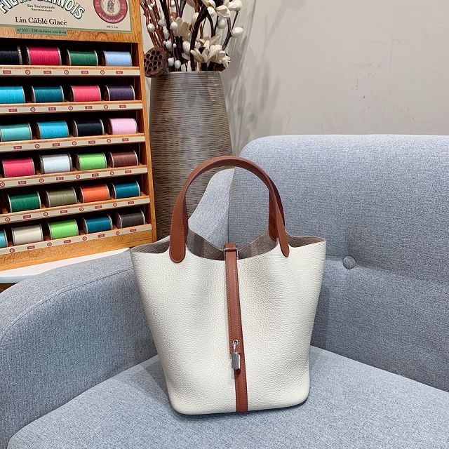 Hermes original togo leather picotin lock bag HP0022 white&brown	