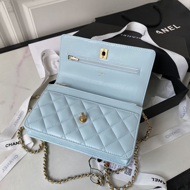 CC original lambskin wallet on chain AP3381 light blue