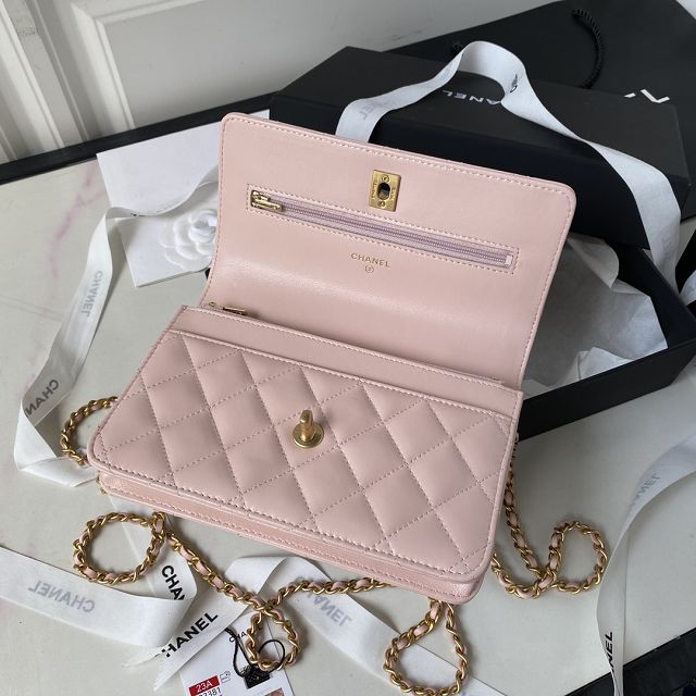 CC original lambskin wallet on chain AP3381 light pink