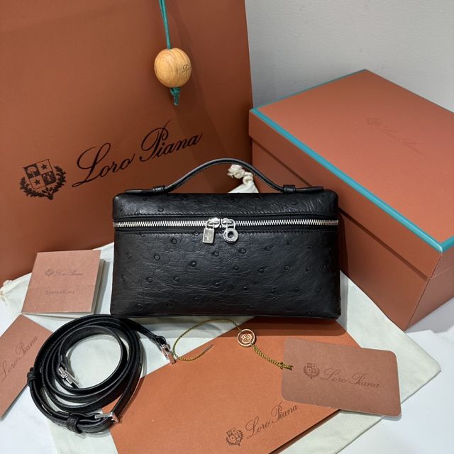 Loro Piana original ostrich leather extra pocket pouch FAN4199 black