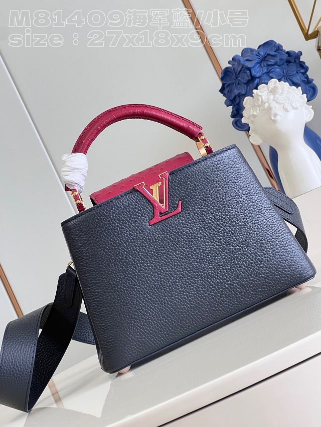 Louis vuitton original calfskin capucines BB handbag M21103 navy blue&rose