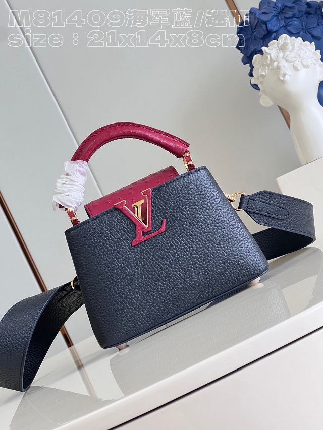 Louis vuitton original calfskin capucines mini handbag M48865 navy blue&rose