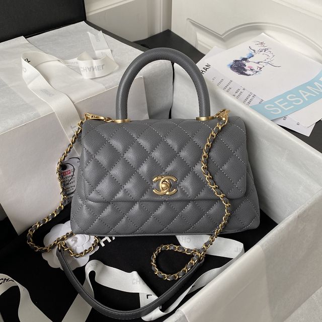 CC original grained calfskin small coco handle bag A92990 grey