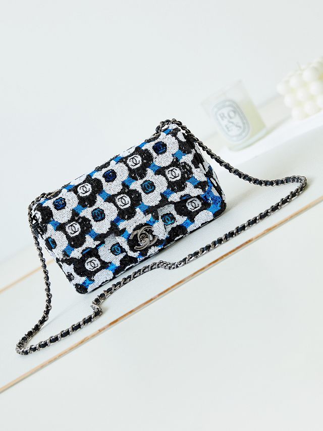 CC original sequins medium flap bag AS3965 black&blue&white