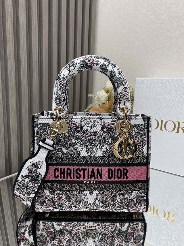 Dior original cotton medium lady bag M0565 white&pink