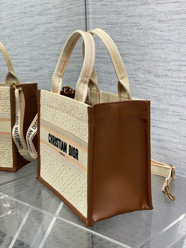 Dior original cotton&calfskin small book tote bag M1325 beige&brown