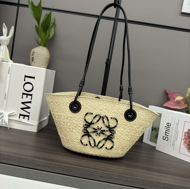 Loewe iraca palm&calfskin small anagram basket bag A223P65 black