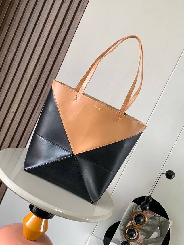 Loewe original calfskin medium puzzle fold tote A657G50 black&tan