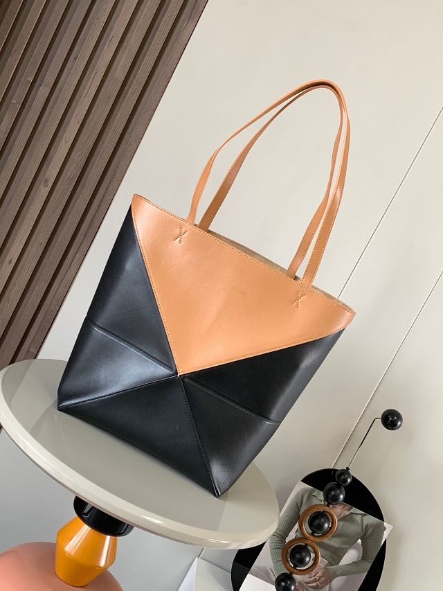 Loewe original calfskin medium puzzle fold tote A657G50 black&tan