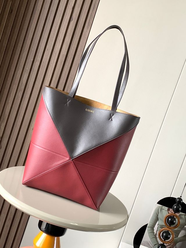 Loewe original calfskin medium puzzle fold tote A657G50 black&wine