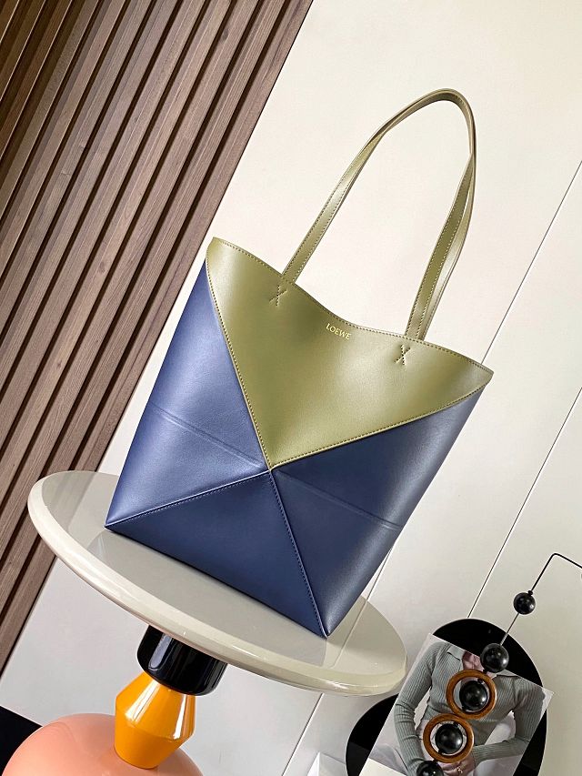 Loewe original calfskin medium puzzle fold tote A657G50 green&blue