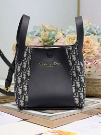 Dior original calfskin&canvas small signature bucket bag M2841 dark blue