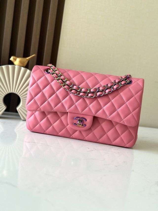 CC original iridescent lambskin medium flap bag A01112 pink&yellow