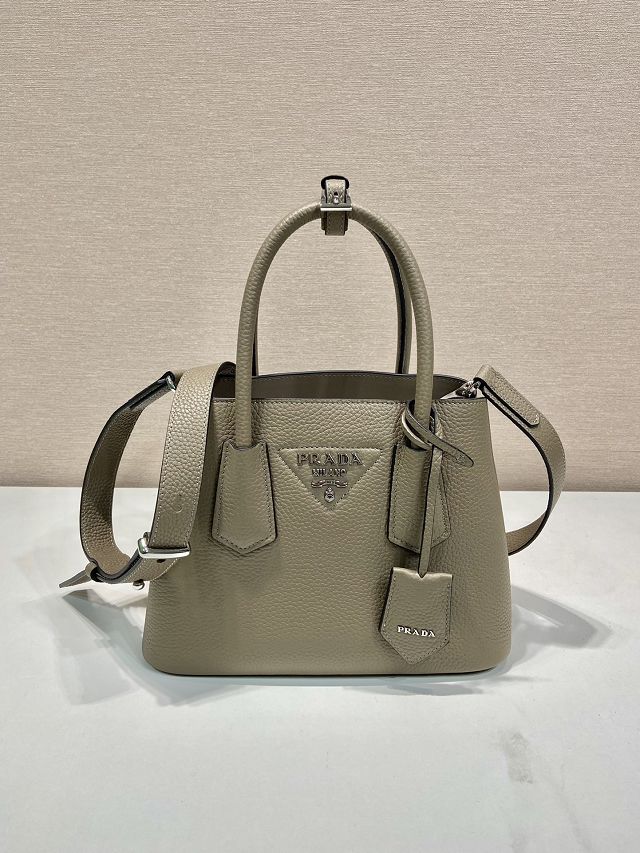 Prada original grained calfskin double small bag 1BG443 grey