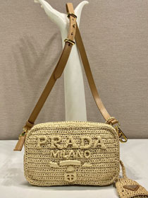Prada original raffia crochet brique bag 1BH196 beige