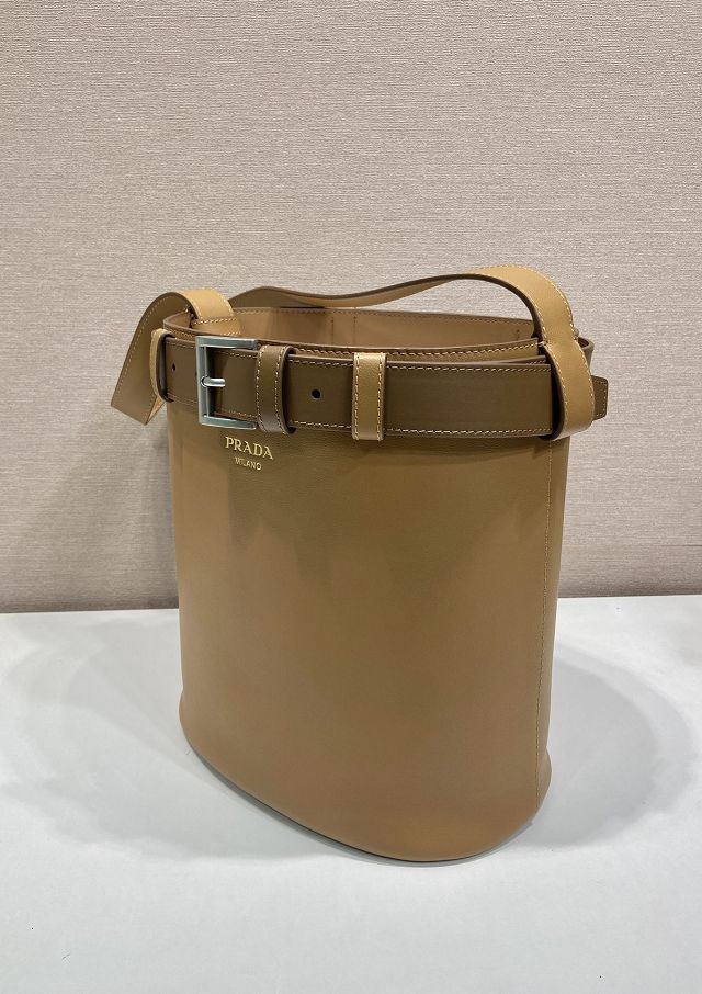 Prada original  calfskin bucket bag with belt 1BE085 caramel