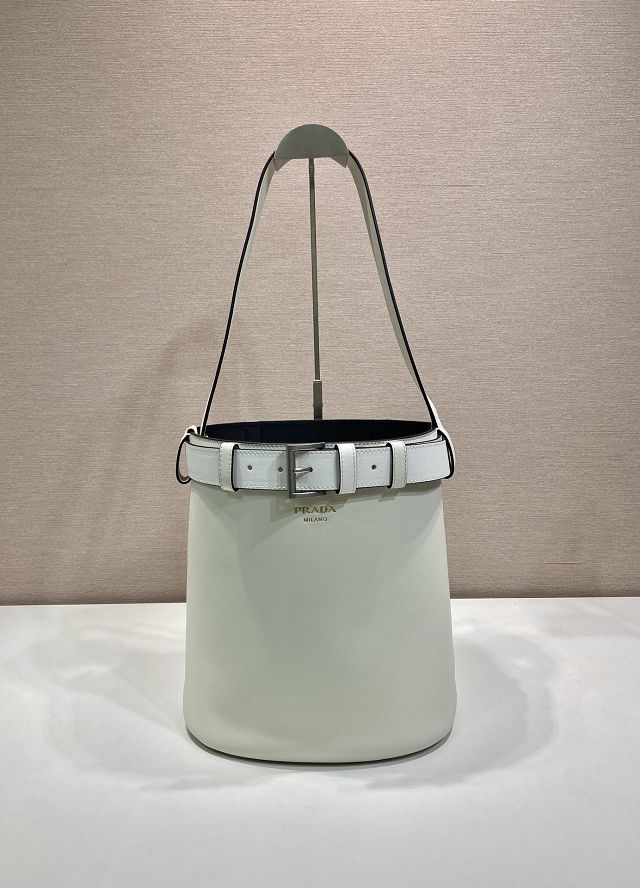 Prada original  calfskin bucket bag with belt 1BE085 white