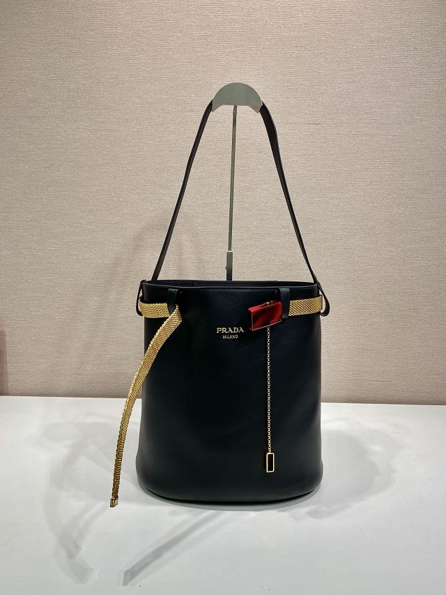Prada original calfskin bucket bag with jeweled belt 1BE085 black