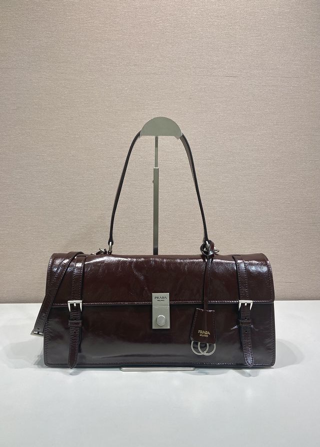 Prada original calfskin large handbag 1BN024 dark brown