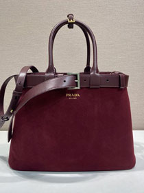 Prada original suede large tote bag with belt 1BA416 bordeaux