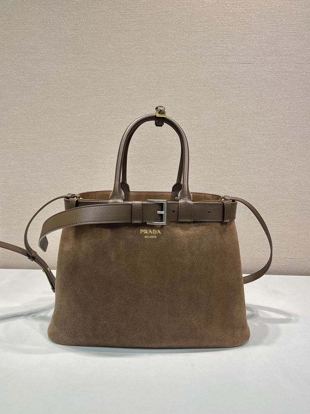 Prada original suede large tote bag with belt 1BA416 brown