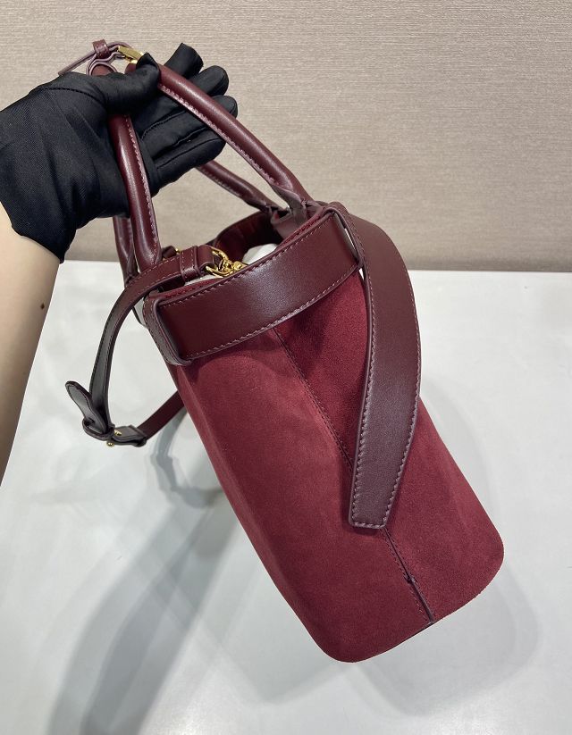 Prada original suede tote bag with belt 1BA434 bordeaux