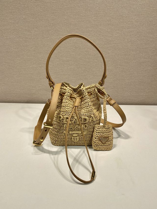 Prada original raffia mini crochet bucket bag 1BE068 beige