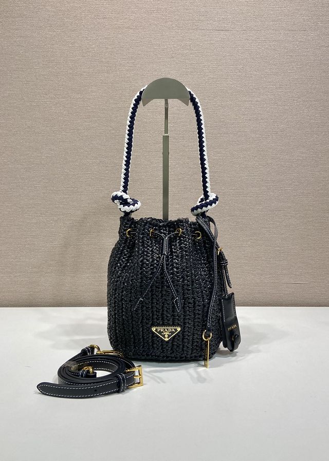 Prada original raffia mini crochet bucket bag 1BE068 black