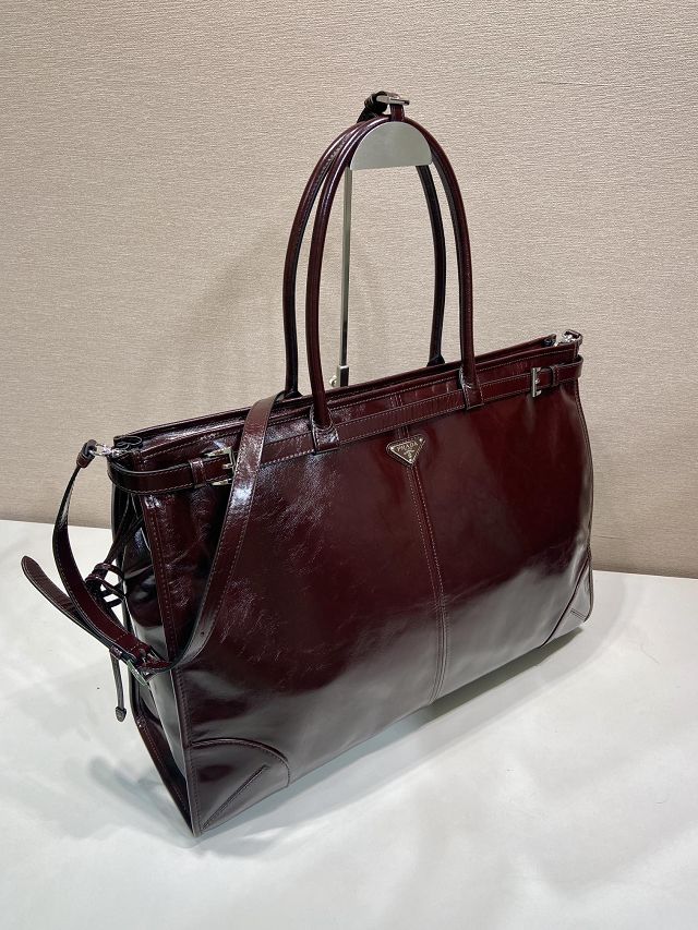 Prada original calfskin bonnie tote bag 2VG128 dark brown
