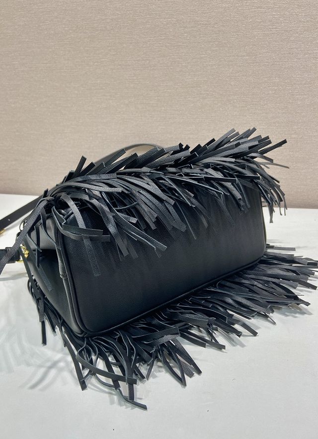 Prada original soft calfskin galleria small bag with fringe 1BA896 black