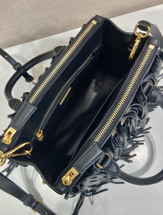 Prada original soft calfskin galleria small bag with fringe 1BA896 black