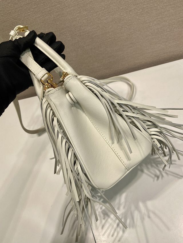 Prada original soft calfskin galleria small bag with fringe 1BA896 white