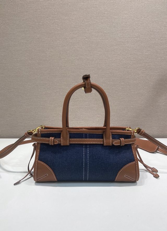 Prada original denim bonnie mini tote bag 1BA486 blue&brown