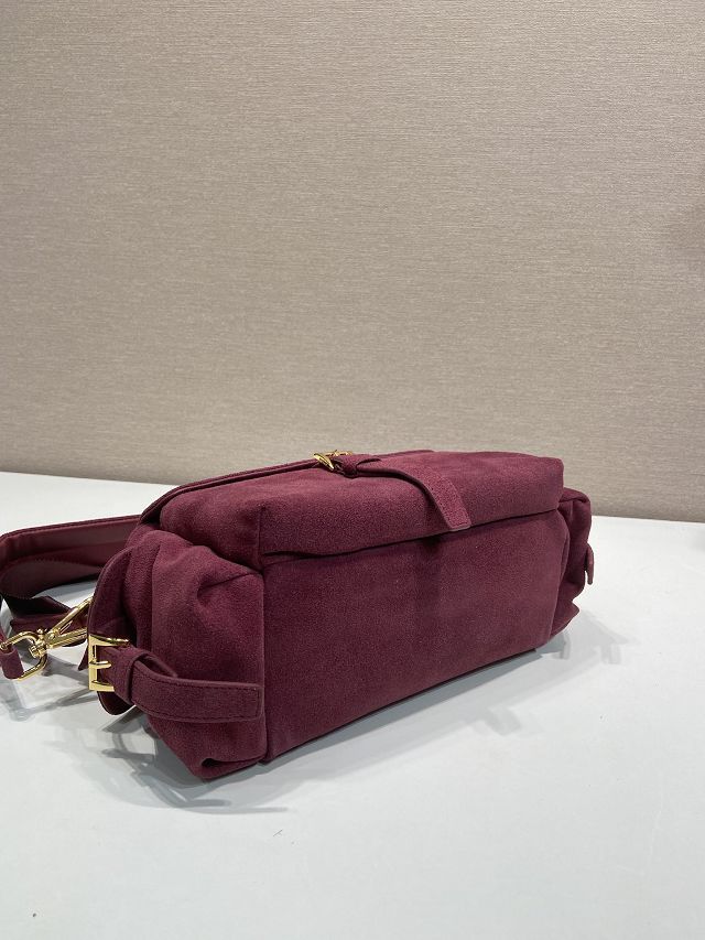 Prada original suede explore medium shoulder bag 1BD394 burgundy