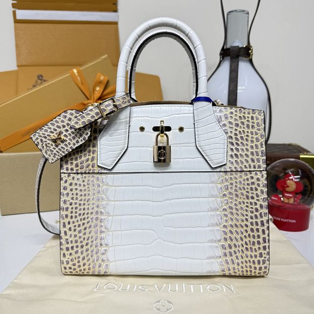 Louis vuitton original crocodile calfskin city steamer mm bag M84672 white&gold