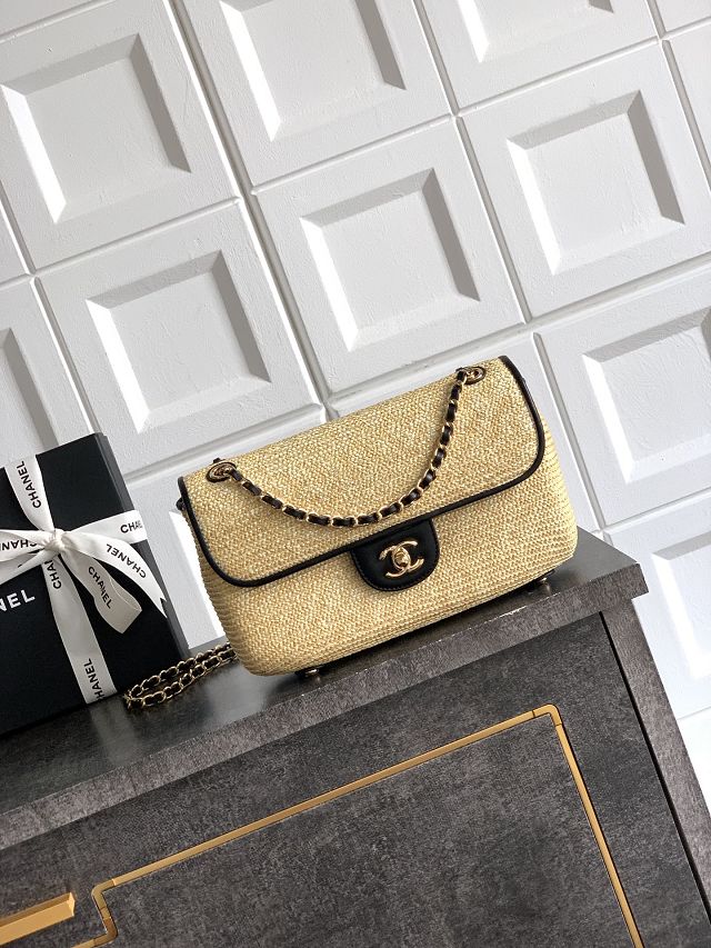 CC original straw medium flap bag AS6018 beige&black