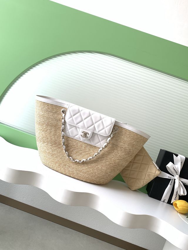 CC original straw large tote bag AS5952 beige&white