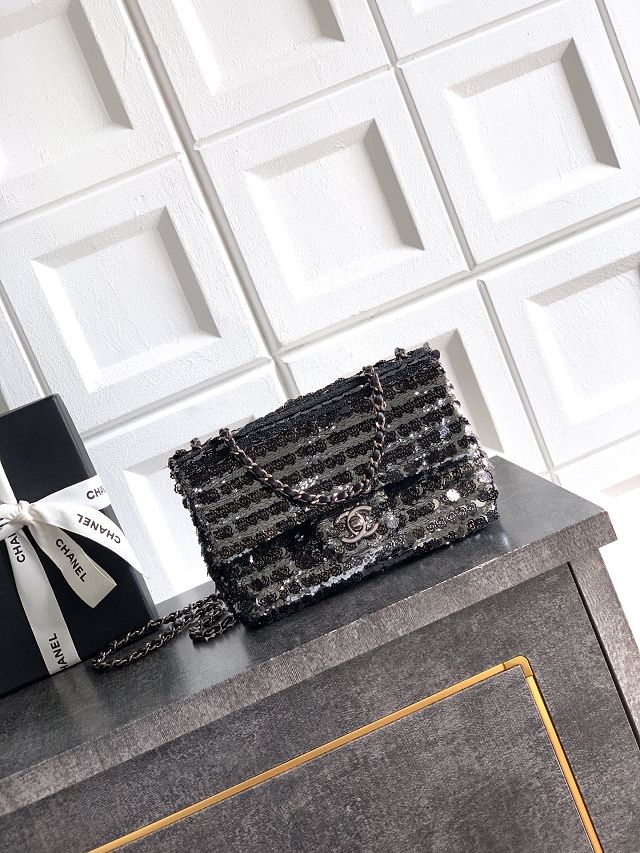 CC original sequins mini flap bag AS6171 black&silver