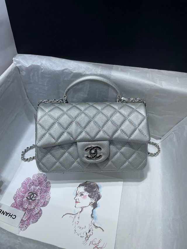 CC original grained calfskin top handle flap bag AS2431 silver