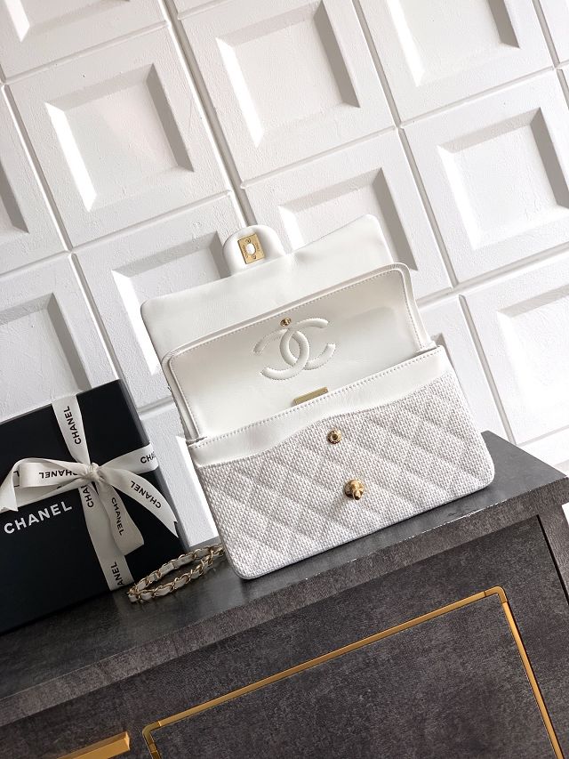 CC original straw medium flap bag A01112 white