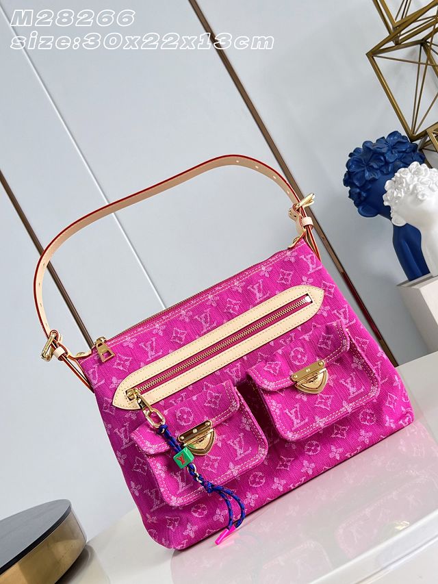 Louis vuitton original denim baggy bag M28266 fuchsia 
