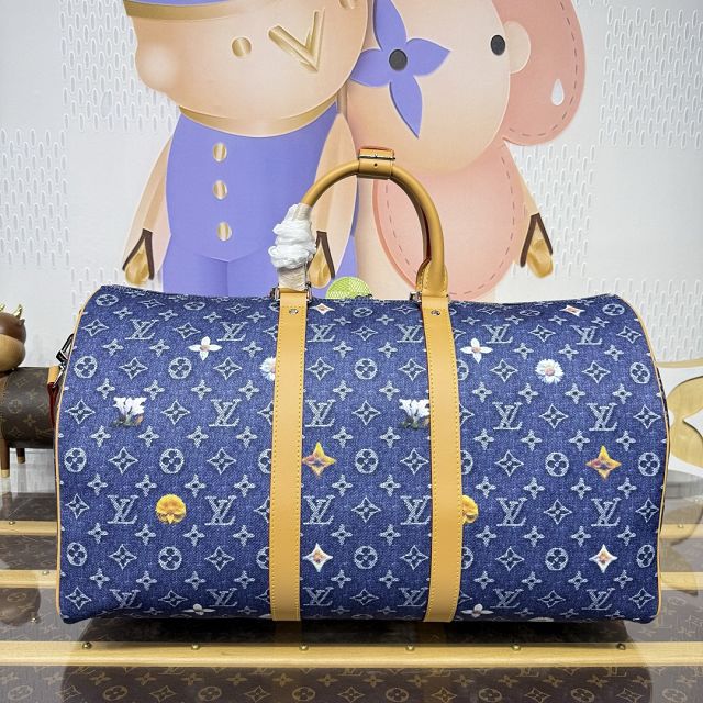 Louis vuitton original monogram denim keepall 50 M27781 blue